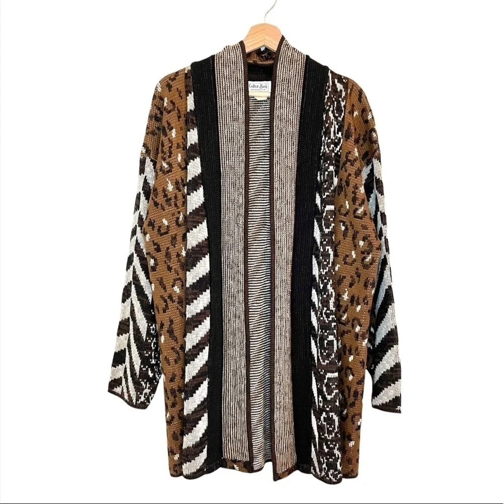 Vintage Colter Bay Mixed Pattern Longline Open Front Cardigan Sweater Large XL